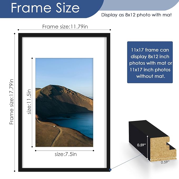 11x17 Picture Frame Set of 6, Wall Mounting Display, Black | Display 8x12 with Mat or 11x17 Without Mat, Horizontal or Vertical, Gallery Wall Frame Set for Wedding & Room & Home Decor