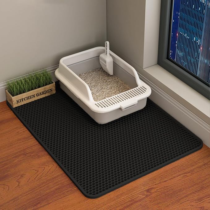 HCY&WLD Cat Litter Mat, Double Layer Cat Litter Box Mat (30x22 Inch, Black) | Waterproof Urine-Proof Non-Slip Litter Trapping Mat, Soft on Kitty Paws, Scratch-Resistant, Scatter Control, Easy to Clean