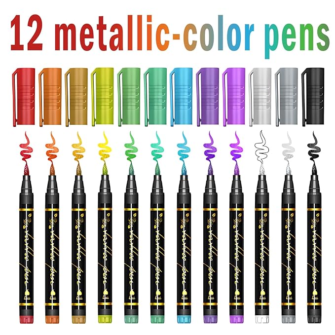 Temporary Tattoo Markers for Kids and Adults, 12 Metallic Markers and 155 Tattoo Stencil Designs, Cosmetic Tattoos Pens for Party Favor Gift and Face Painting
