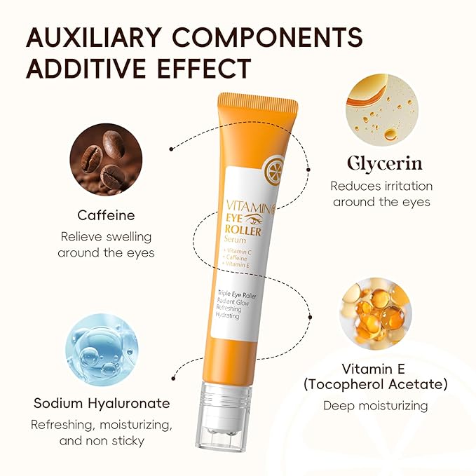 AKARY Vitamin C Eye Cream & Under Eye Serum, Refreshing, Hydrating, Radiant Glow Skin Roller Serum with 360° Massage Ball, Tightening for Women Reduce Wrinkles Fine Lines