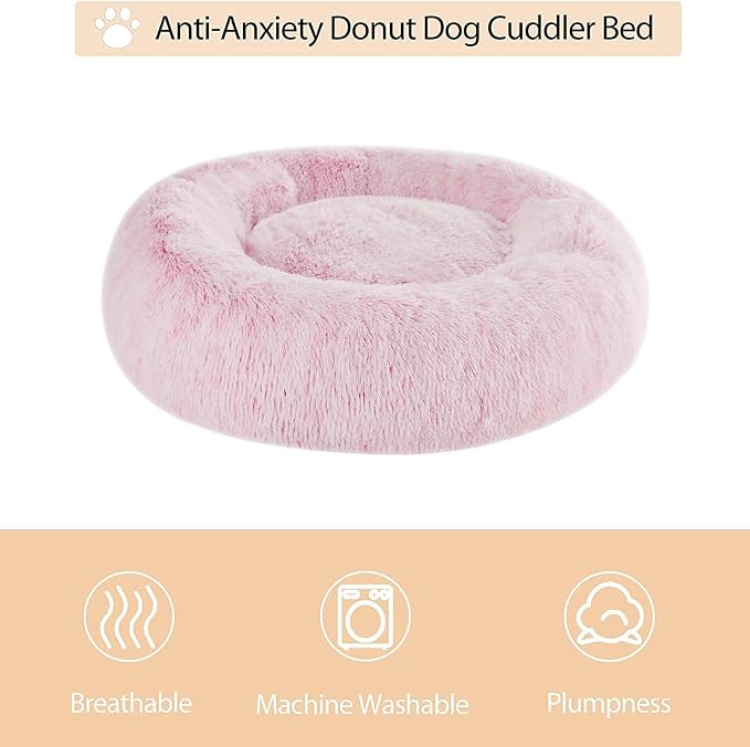 WNPETHOME Small Pink Round Calming Dog Bed Cat Bed for Comfy Sleep | Dog Beds For Small Dog, Cute Washable Puppy Bed with Fluffy Plush, Faux Fur Anti Anxiety Pet Bed Donut Cuddler (24x24x8 Inch)