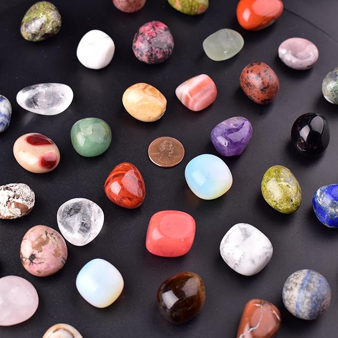 Polished Colorful Crystal Stone Set – 24 Types, 0.6" Large Tumbled Gemstones, Bulk Decorative Pretty Rocks Collection for Meditation, Reiki, Healing, Mancala Stones and Crafts
