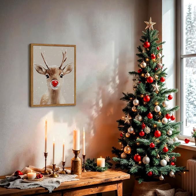Framed Christmas Wall Art, Vintage Red Nose Reindeer Canvas Wall Decor Paintings, Rustic Winter Cute Deer Pictures Prints Farmhouse Home Decoration for Living Room Bedroom 16×24 inch