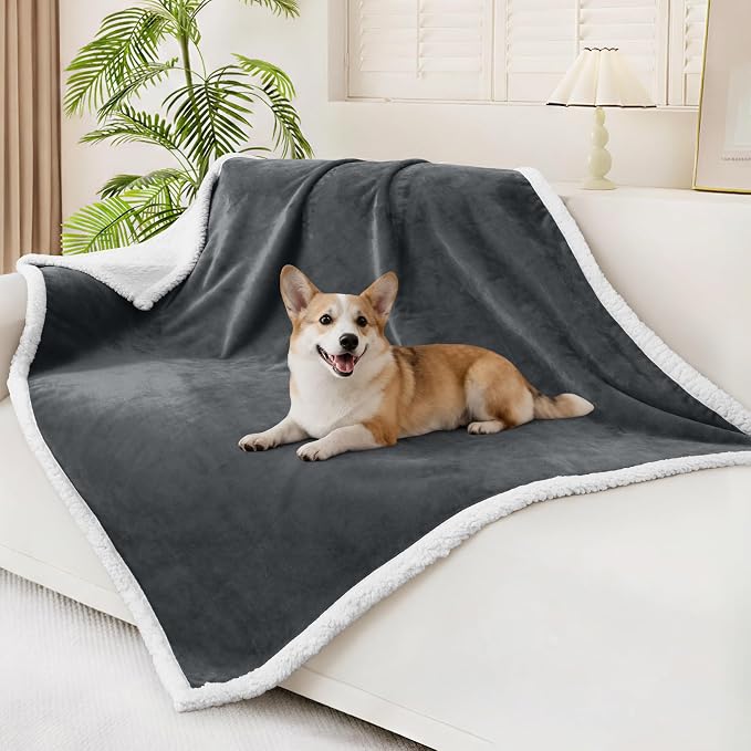 Smiry Waterproof Blanket Throw, Reversible Dog Blanket for Sofa Couch Bed | Soft Leakproof Sherpa Fleece, Washable Furniture Couch Protector for Large Dogs Cats, 50"x60", Dark Grey/White