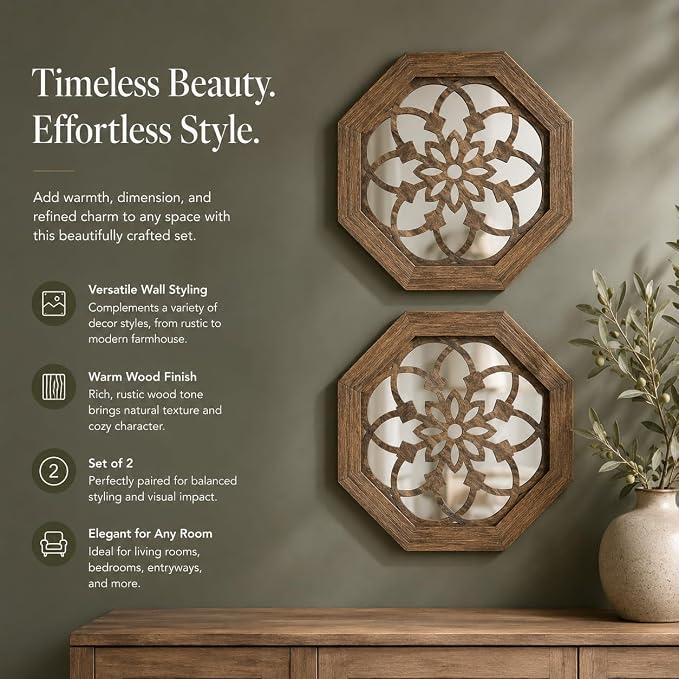 2 Pack 12 Inch Octagon Maroon Rustic Wood Frame Acrylic Wall Mirrors, Farmhouse Boho Wall Art Decor for Living Room, Bedroom, Hallway, Entryway, Bathroom & Office