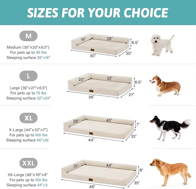 COZY KISS Orthopedic Dog Bed for Extra Large Dogs, L Shaped XL 44x32 inch | Non-Slip Bottom Soft Pet Sofa with Washable Removable Waterproof Cover, Egg-Crate Foam Couch with Portable Handle, Beige