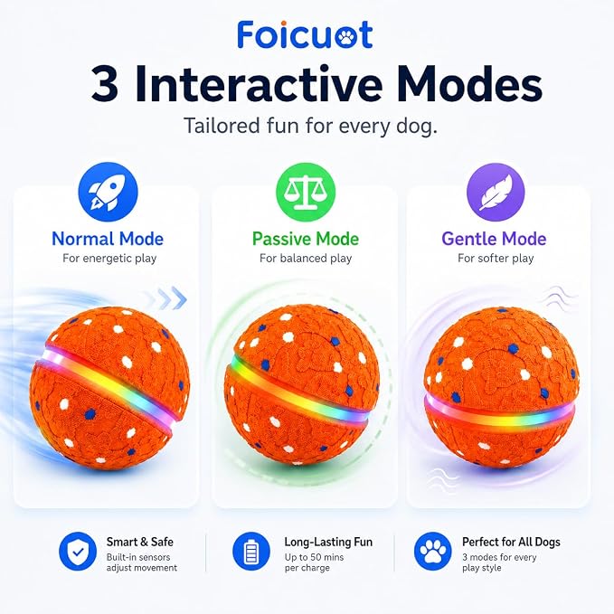 Interactive Dog Ball Toy, 3 Modes, LED, Sound & Vibration, USB-C
