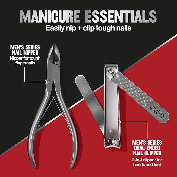 Revlon Dual-Ended Nail Clipper for Men, Straight and Curved Edges, for Fingernail and Toenail Trimming, Stainless Steel, 1 Count