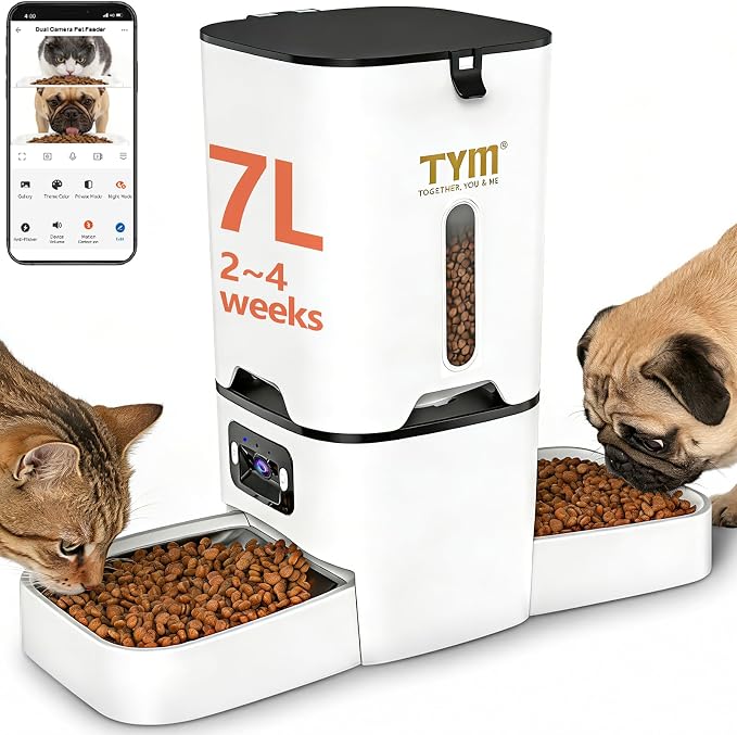 TYM Automatic Cat Feeder with 2 Camera for 2 Cats, 7L Large Food Dispenser | Multiple Cats Household | Timed Cat Feeder | Two-way Voice | Separation Anxiety | Weight / Diet Control | 5G WiFi APP Control