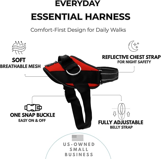 ShawnCo Essential Dog Harness, No-Pull Pet Vest (Mustang Red,S) | 3 Leash Clips, Easy On, No-Choke, Reflective, Adjustable Fit, Padded Comfort, Control Handle, For Small, Medium & Large Dogs