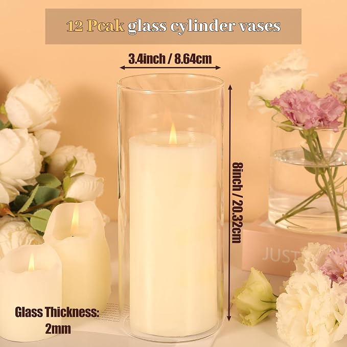12pcs 8 Inch Clear Glass Cylinder Vases for Centerpieces | Tall Flower Vases for Wedding & Home Decor, Hurricane Floating Candle Holders for Table & Shelf