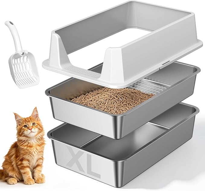 Stainless Steel Sifting Cat Litter Box for Pine Pellets, Light Gray | Sifting Design, Double Layer Mesh System, With High Sides, Non-Stick Surface, Easy Clean, for Large Cats