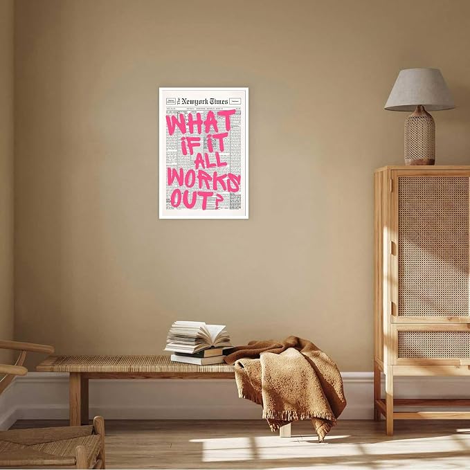 Drimiler Retro Newspaper Pink Font Poster What If It All Works Out Canvas Wall Art Positive Affirming Quote Minimalist Prints Painting For Home Bedroom Dorm Wall Decor 16x24in Unframed