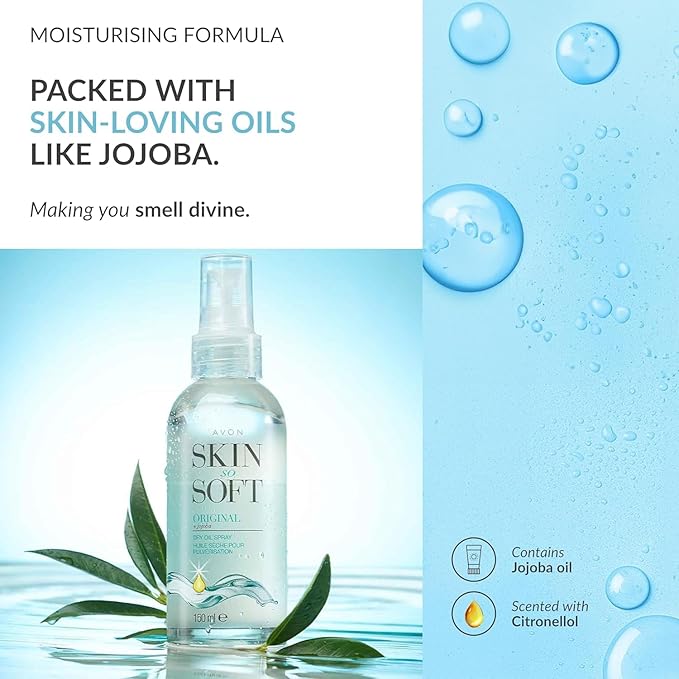 AVON SKIN SO SOFT Original JOJOBA Dry Oil Spray (5 Fl. Oz) Each – Travel-Friendly Luxury Lightweight Body & Hair Oil Mist – Fast-Absorbing, Non-Greasy, Silky Smooth Finish 150ML (2-PACK)
