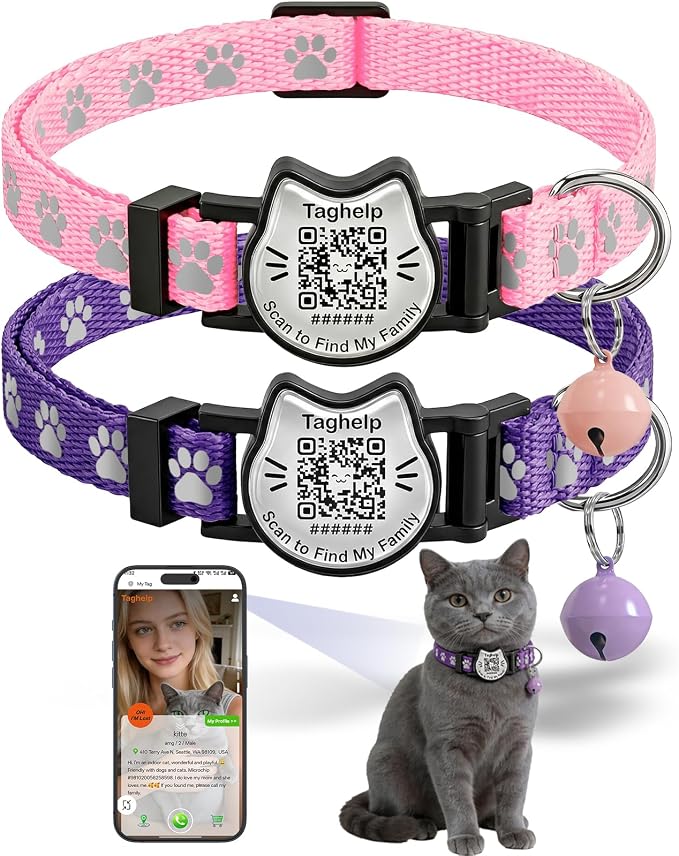 Breakaway Cat Collar with QR Code Tag and Bell (Pink & Purple) | Reflective Nylon, Quick-Release Buckle