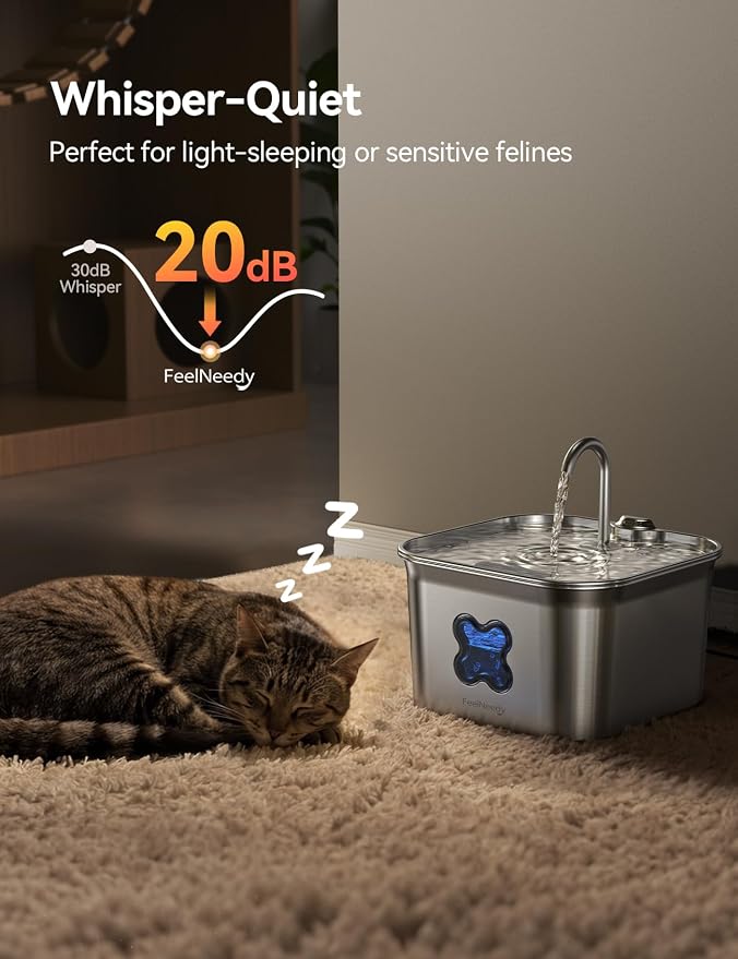 FEELNEEDY Cat Water Fountain, 304 Stainless Steel - 95oz/2.8L Faucet-Style Pet Drinking Fountain for Cats & Small Dogs, Ultra-Quiet <20dB, Dishwasher Safe, 4-Stage Filtration & Water Level Window