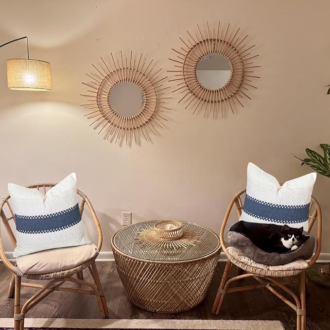 Throw Pillow Covers 1PC for Living Room, Cotton & Burlap, Boho Sytle Decorative Home (Beige & Blue, 20x20 Inch)