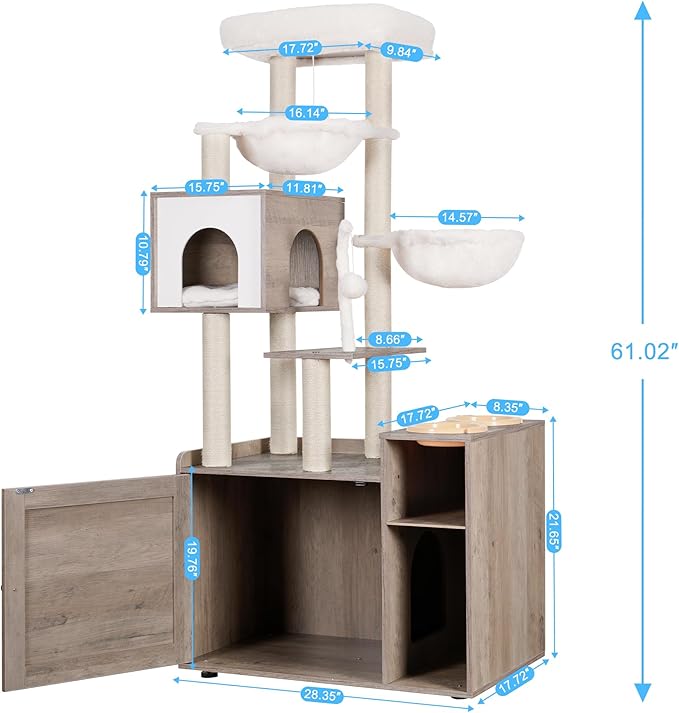 Hey-brother Cat Tree Tower, Wooden Litter Box Enclosure and Condo, MPJ115SG | 61.02 Inches Modern Cat Furniture with Large Platform, Scratching Posts, 2 Hammocks, All-in-one for Indoor Cats, Rustic Gray