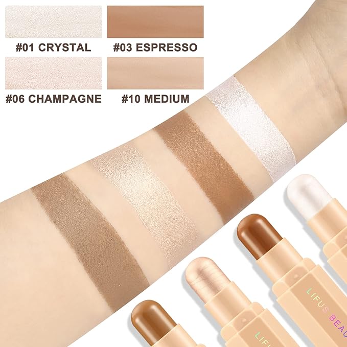 Face Cream Contour Stick Bronzer Stick Highlighter Stick Illuminator Makeup Glow Kit,Long Lasting Highly Piamented Skin Brighten Shadow Contour Bronzer Highlighter Powder Pen Pencil-F1