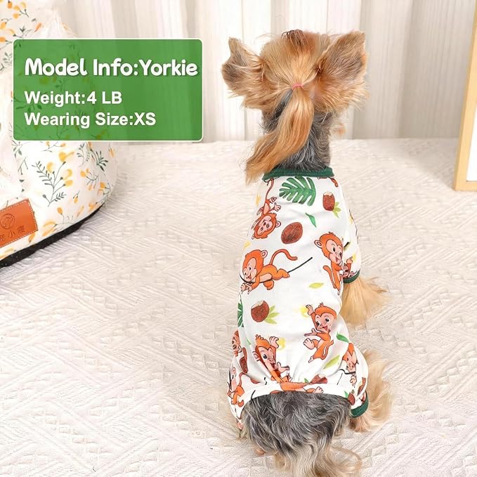 DaFuEn Dog Pajamas for Small Dogs, Soft Stretchy 4 Legs Puppy Jumpsuit, All Season Cozy Pet PJs for Chihuahua Yorkie Teacup Dogs, Cat Clothes (Brown Monkey, M)