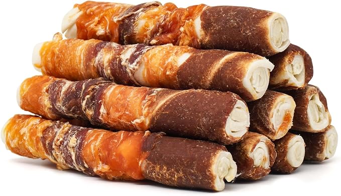 MON2SUN Dog Treats, 6 Inch Triple Flavor Wrapped Rawhide Rolls, 17.6 oz | 10 Count, Chicken Liver, Duck and Chicken Recipe, Teeth Cleaning Chews, Sized for Medium Dogs