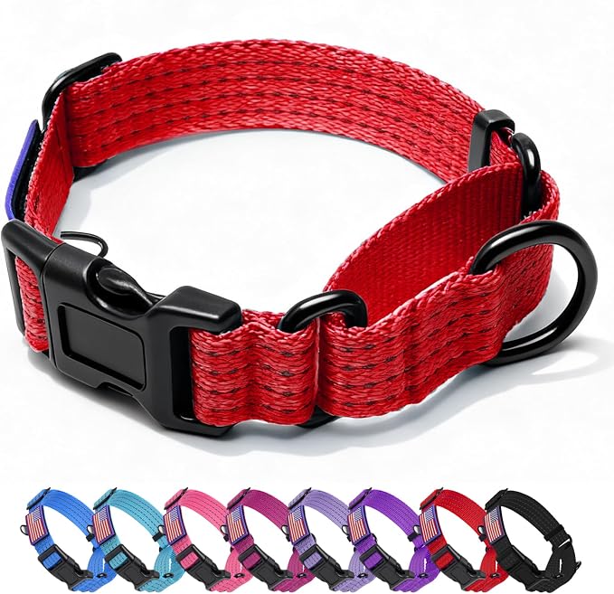 Martingale Dog Collar Reflective NO Pull with USA Flag, L,Red