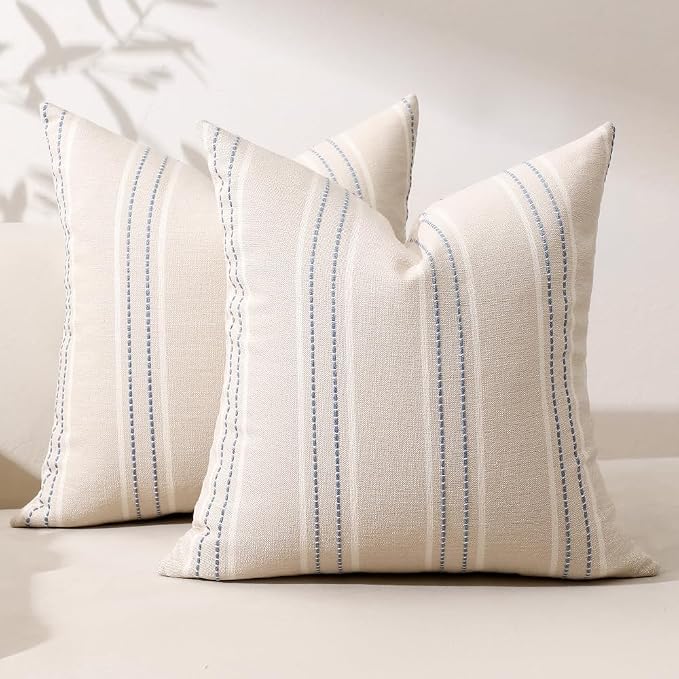 Hckot Dusty Blue Throw Pillows Covers 22x22 Decorative Stripe Pillow Covers | Set of 2 Farmhouse Decorative Pillows Textured Square Cushion Covers for Sofa Couch Bed Living Room Decor