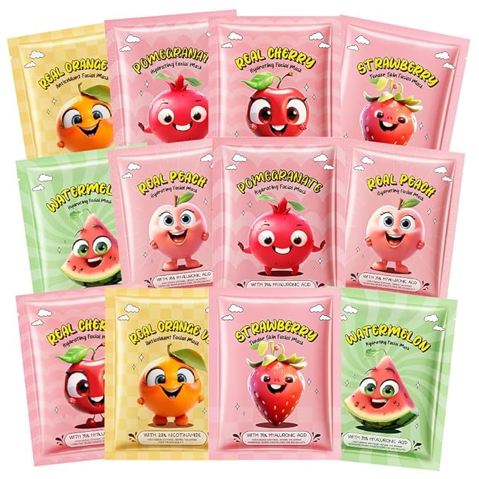 evpct 12-Pack Fruit Sheet Face Facial Masks for Women Skincare Spa, Facial Spa Day Slumber Sleepover Birthday Party Favors Supplies, Natural Ingredients, Hydrate and Soothe for All Skin Types, SetA04