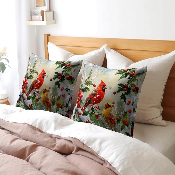Kawani Winter Red Birds Pillow Covers 18x18 in Set of 2 Xmas Holly Berry Pine Branch Bird Cotton Linen Decorative Pillowcases Cushion Case for Couch Sofa Farmhouse Holiday Decor