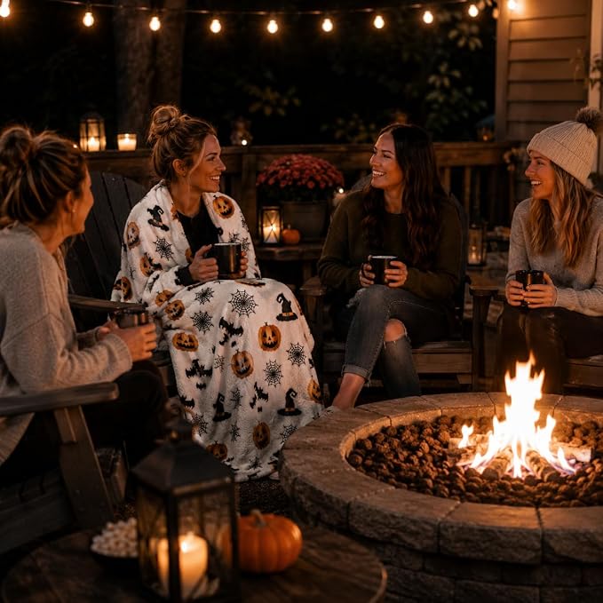 Halloween Fleece Throw Blanket, Witch Hat, Bats, Webs & Pumpkins, 50x60 in | Ultra-soft cozy flannel fleece, for sofa couch bed chair & dorms, spooky Halloween décor, durable and machine washable.