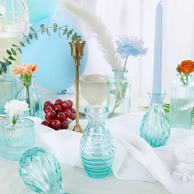 Bud Vases Set of 12 Blue Glass Vase for Decor | Small Vintage Flower Vase Ribbed Glass Bud Vases in Bulk Wedding Bridal Shower Party Centerpieces Home Room Table Decorations