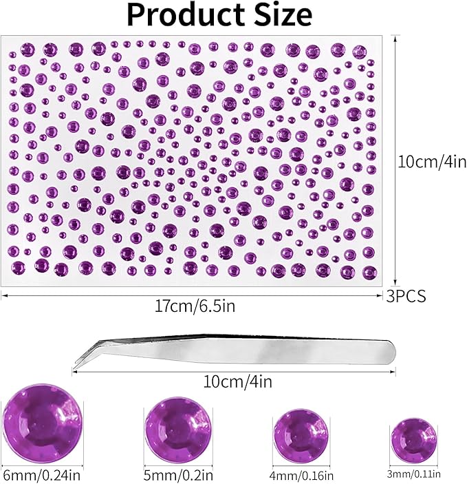 3/4/5/6MM Face Gems 975PCS Temporary Tattoo Sticker Face Gems Rhinestones Stickers Hair Nails Craft DIY Decor Gem Stickers Jewels Crystals Pearls Self Adhesive for Makeup Body (lightpurple)