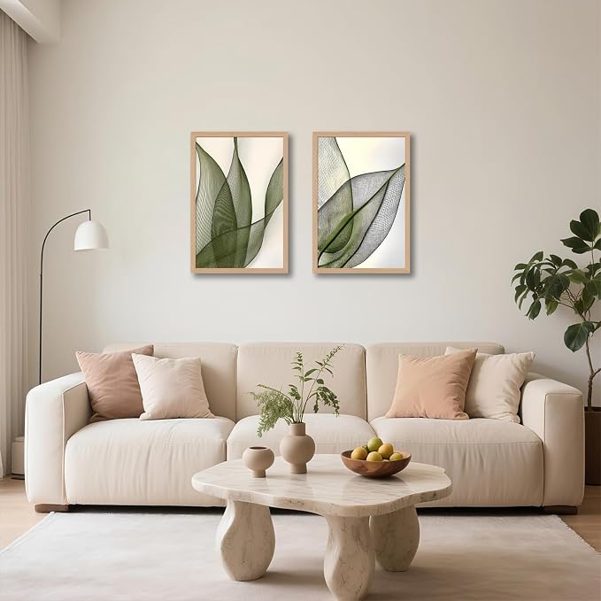 Green Leaf Wall Art Set of 2, Boho Botanical Framed Canvas Prints | Minimalist Botanical Plant Prints, for Living Room Bedroom Office 12x16 Inch