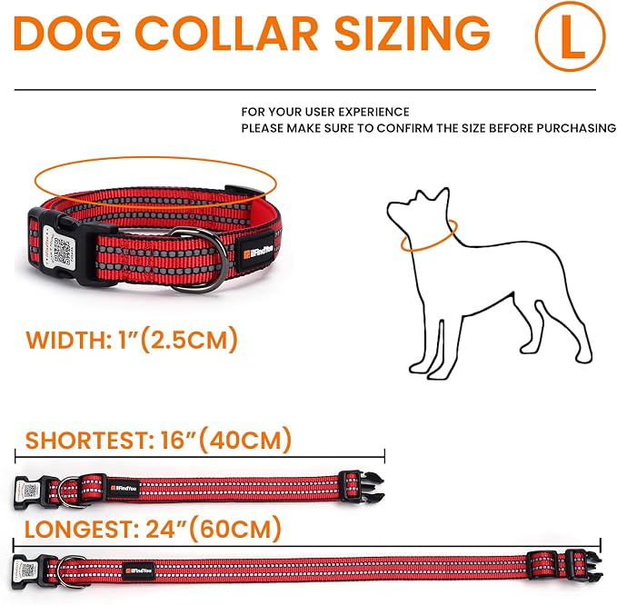 Personalized Dog Collar with QR Code Dog Tag, Red L | Anti-lost, 1000D nylon, reflective, padded, XS-L(8"-24"), QR buckle shares lost pet profile, location alerts when scanned