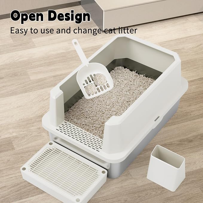 RIZZARI Stainless Litter Box Semi-Closed: Odorless, Large, Easy Clean | High Splash Guard / Non-Stick Steel Pan / 20L Capacity / Raised Step / Fits Any Room / Multi-Cat Use