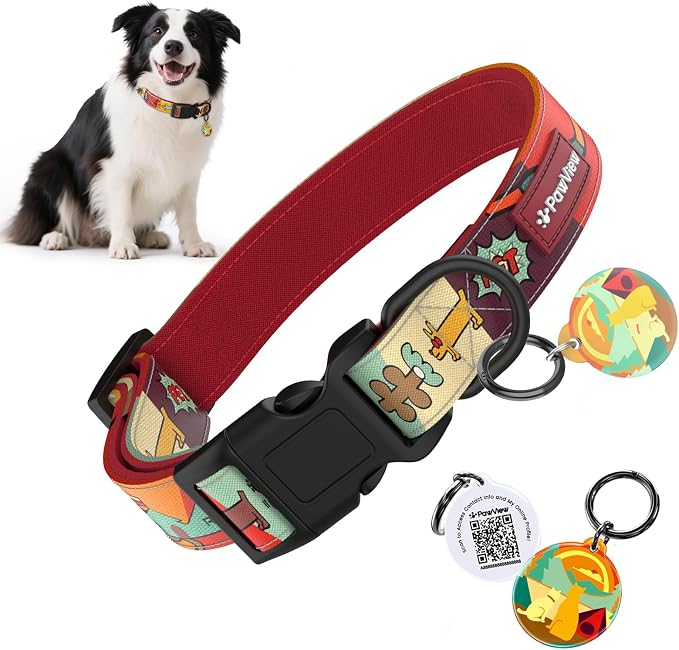 Dog Collar with QR Code ID Tag, Adjustable Pet Collar, Red, M