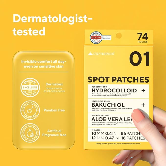 caraseoul Pimple Patches, 2 Size Hydrocolloid Acne Patch for Zits and Blemishes, Bakuchiol & Aloe Vera, Korean Skin Care, Easy to Use – Dermatology Tested