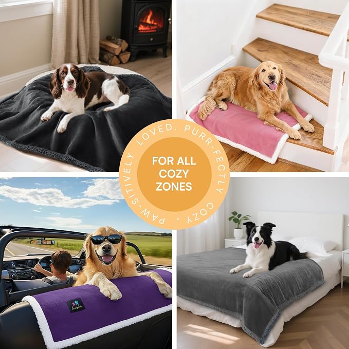 Luciphia Waterproof Bed Blanket Washable,Soft Sherpa Fleece Puppy Reversible Throw Blankets for Medium Large Dog Cat,Furniture Cover Protector Couch from Liquid Pee and Pet Fur,Purple White,85" x 57"