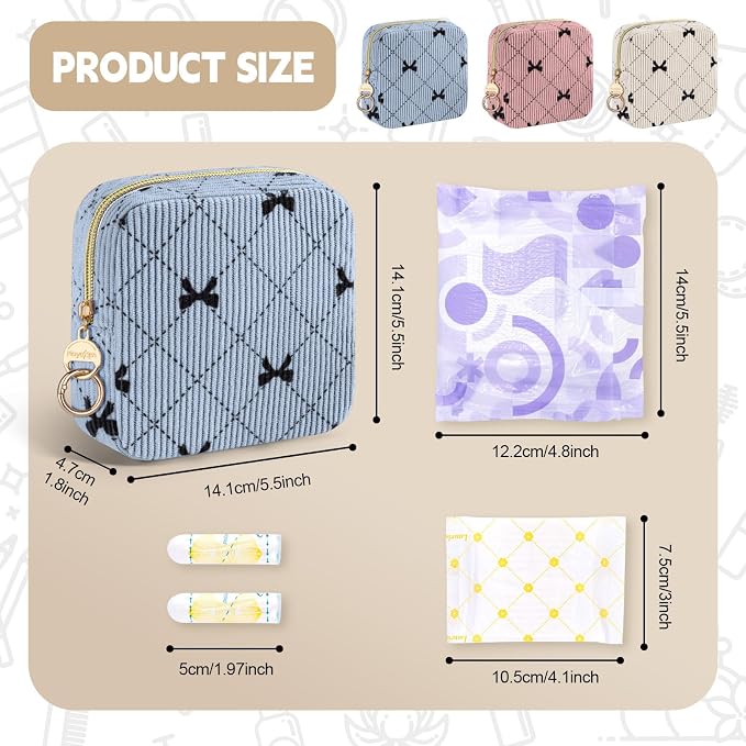 Period Bag for Teen Girls, Corduroy Cute Sanitary Napkin Storage Bag, Menstrual Pad Pouches Tampon Holder for Purse (Light Blue-Bow Tie)