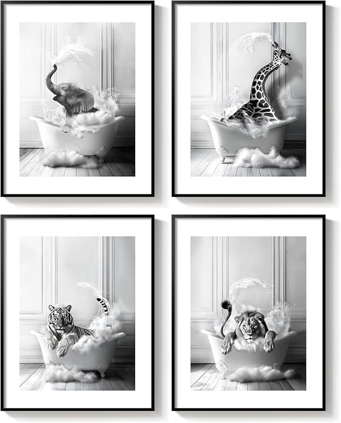 Framed Funny Bathroom Wall Art, 4 Piece Modern Black and White Canvas Prints Painting Artwork for Walls, Elephant Lion Tiger Giraffe Bathing Animals in Bathtub Pictures Kids Bathroom Wall Decor, 11x14