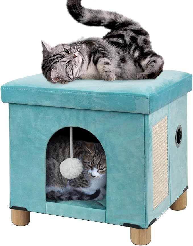 BRIAN & DANY Cat Beds for Indoor Cats,Cat Cave House for Kitten with Scratch Board & Ball, 14.5X 12.5X 14.1 inches, Green