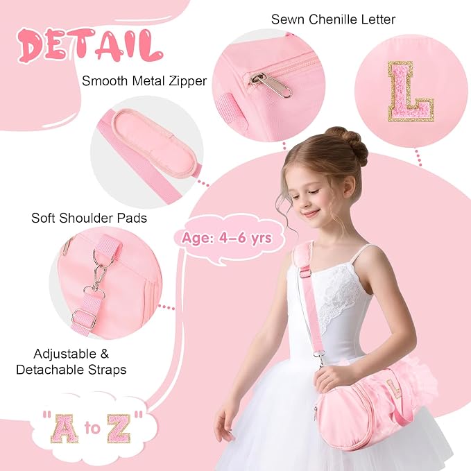 Personalized Initial Dance Bag for Girls 4-6, Small Lace Gym Sport Yoga Cheer Dance Bags Gift for Teen Girls, Cute Letter Kids Ballet Bag Toddler Travel Duffel Tote with Adjustable Straps(Pink-L)