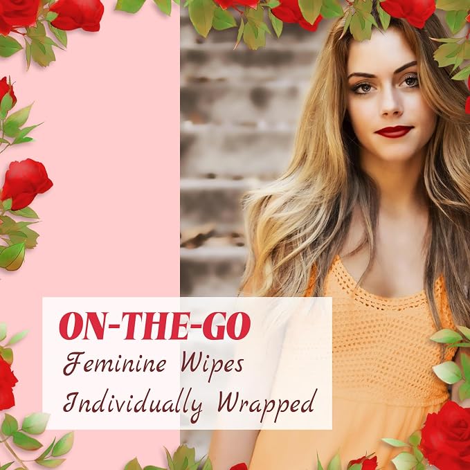 twoworld 50 Feminine Wipes Flushable Travel Individually Wrapped | Travel Wipes for Women,Feminine Care Wet Wipes Travel Size Vaginal Wipes for Adult,Girl and Homeless(Rose)