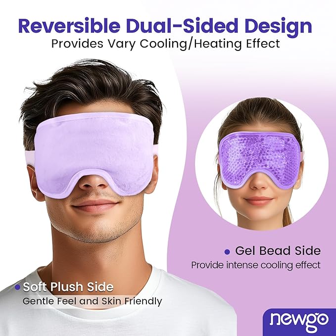 NEWGO Cooling Gel Eye Mask - Reusable Cold Pack for Puffy Eyes, Dark Circles, Migraine, Stress Relief - Purple With Soft Plush Backing