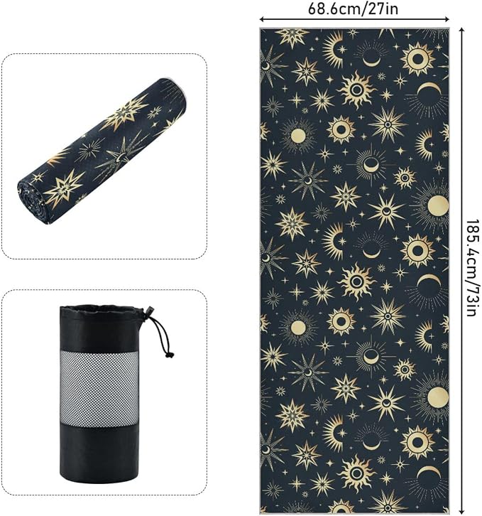 Non Slip Yoga Towel 73 x 27 in Gold Sun Moon Stars Sweat Absorbent Yoga Mat Towel for Hot Yoga, Pilates and Workout