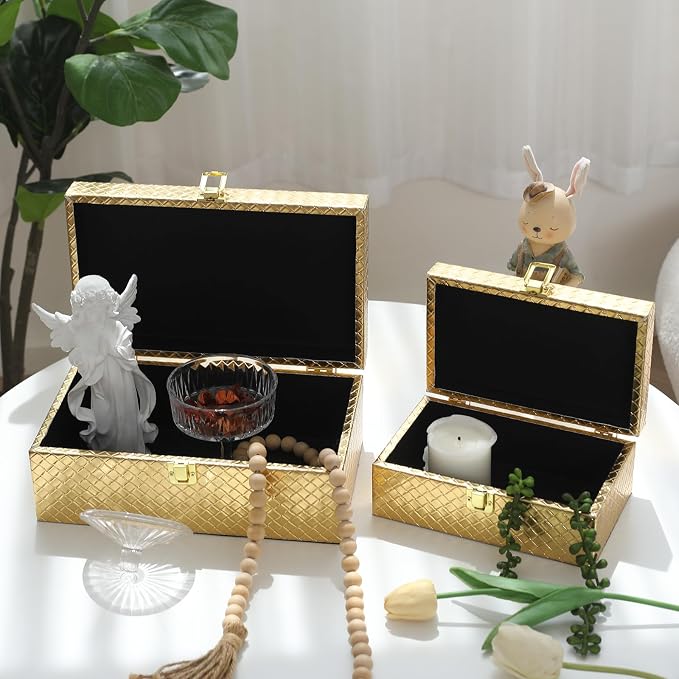 Faux Leather Decorative Jewelry Storage Organizer Boxes Set of 2, Gold | For Keeping Precious Keepsakes, Trinkets, Jewelry And Other Small Items Organized