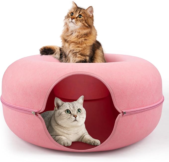 Cat Caves for Indoor Cats, Large Cat Tunnel for Multiple & Large Cats, Scratch Detachable Cave Bed, Kitten Donut Kitty Hideaway Up to 45 Lbs (Pink, Large, 1 Pack)