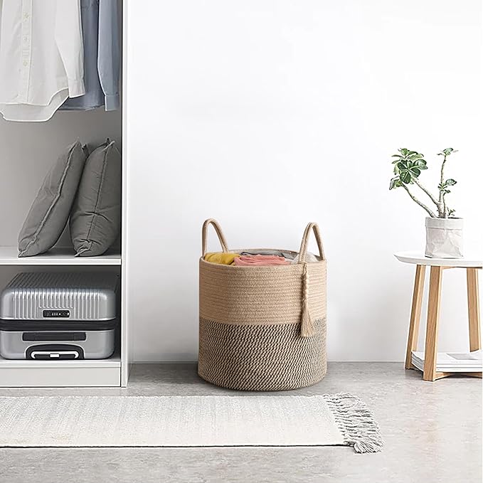 Mkono Woven Storage Basket for Blanket, Toys Plant Organizer, 16"W x 13.8"L | Yellow and Black, Decorative Basket with Handle, Wood Beads Tassel, Shoes Clothes Storage Bin, Living Room Bedroom Nursery