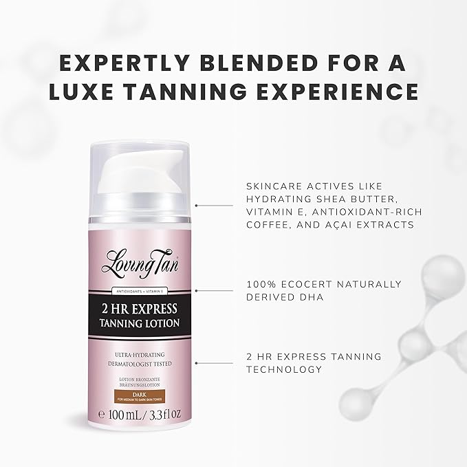 Loving Tan NEW 2 Hr Express Self Tanning Body Lotion, Dark - Hydrating Natural-Looking Glow Sunless Self Tanner, Streak-Free, Dermatologist Tested, Lightweight, Vegan and Cruelty-Free - 3.3 fl oz