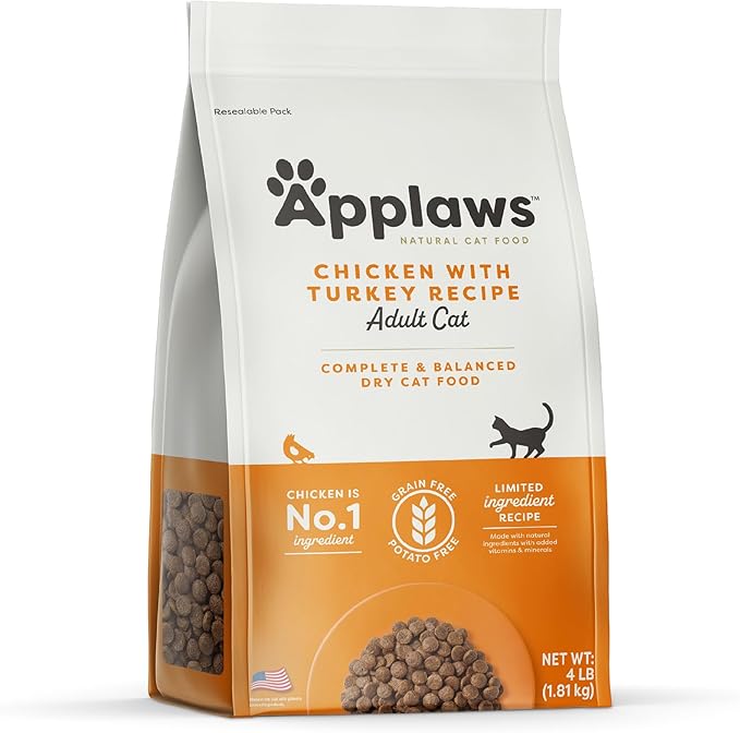 Applaws Complete Chicken & Turkey Grain Free Dry Cat Food 4 lb Bag | High Quality Protein, Limited Ingredient, Grain Free, Omega-3 Fatty Acids for Healthy Skin & Coat, Added Vitamins & Minerals